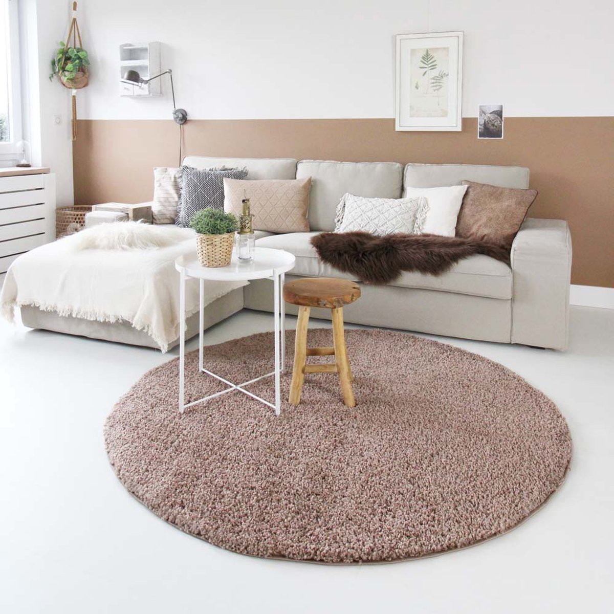 Hoogpolig vloerkleed shaggy Trend effen rond - mokka 160 cm