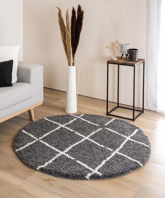 Rond hoogpolig vloerkleed ruiten Artisan - grijs/wit 80 cm rond