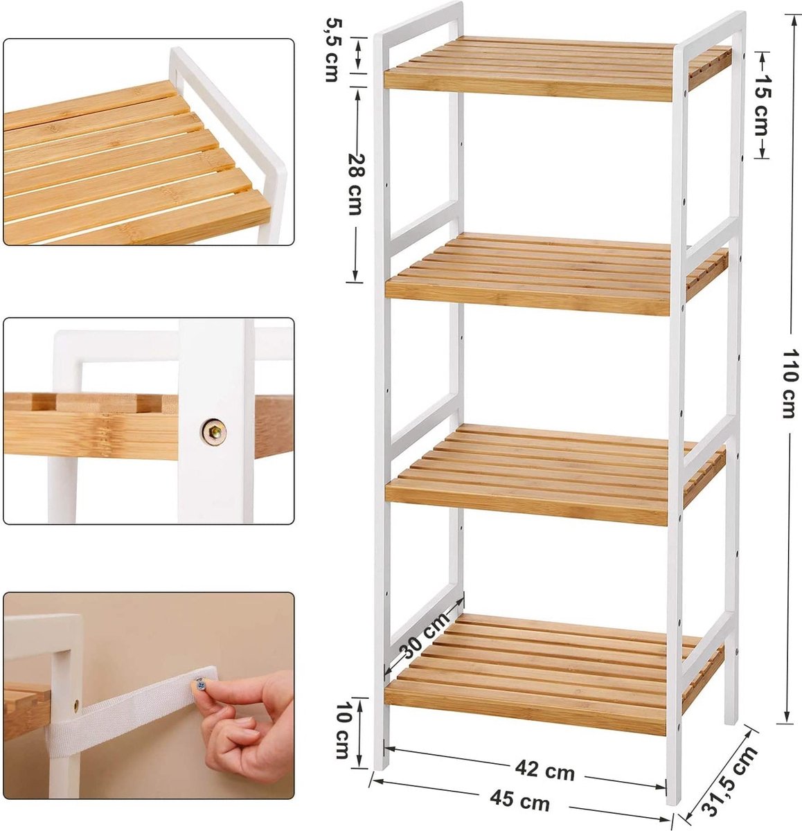Bamboo rek - Staand rek - Keukenrek - 4 planken - White Bamboo - 45 x 31,5 x 110 cm
