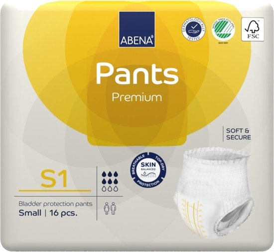 ABENA Pants Premium S1 - 16x Absorberend Broekje, te Dragen als Gewoon Ondergoed - Voor het Verlies van Flinke Scheuten Urine en (Dunne) Ontlasting - Heupomvang 60-90 cm - Absorptie 1400 ml