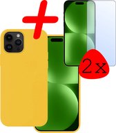 Hoes Geschikt voor iPhone 15 Pro Max Hoesje Siliconen Back Cover Case Met 2x Screenprotector - Hoesje Geschikt voor iPhone 15 Pro Max Hoes Cover Hoesje - Geel