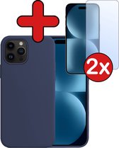 Hoesje Geschikt voor iPhone 15 Pro Hoesje Siliconen Case Hoes Met 2x Screenprotector - Hoes Geschikt voor iPhone 15 Pro Hoes Cover Case - Donkerblauw