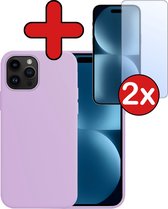 Hoesje Geschikt voor iPhone 15 Pro Hoesje Siliconen Case Hoes Met 2x Screenprotector - Hoes Geschikt voor iPhone 15 Pro Hoes Cover Case - Lila