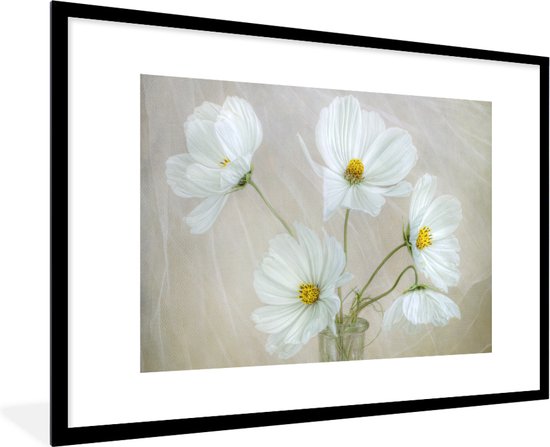 Bloemen - Wit - Geel - Vaas - Wanddecoratie - Muurdecoratie - Kader - 120x80 cm - Fotolijst