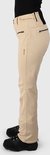 Zijzicht op beige skibroek met zwarte ritsen en logo op de zijkant.