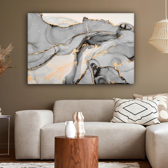 Toile Peinture Marbre - Goud - Grijs - 140x90 cm - Décoration murale