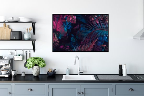 Fotolijst incl. Poster - Jungle - Bladeren - Blauw - Roze - Jongetjes - Meisjes - Kind - 90x60 cm - Posterlijst