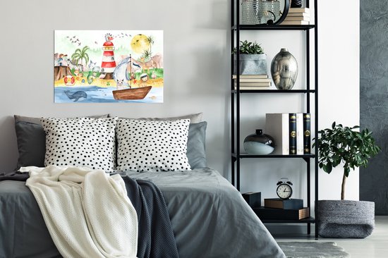 Poster kinderen - Wanddecoratie jongens - Strand - Dieren - Kinderen - Vuurtoren - Poster kinderkamer - 90x60 cm - Decoratie kinderkamers - Kinderkamer decoratie - Poster Babykamer — afbeelding 4