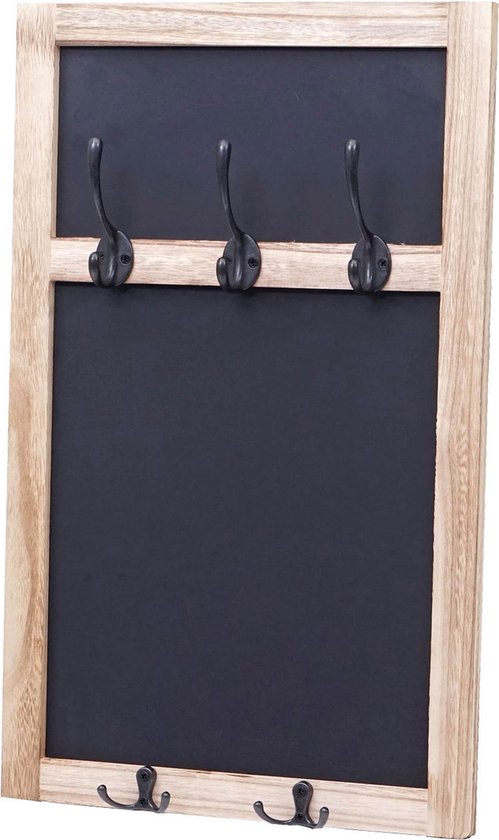 Wandkapstok MCW-C51, kapstok krijtbord schoolbord, 5 haken 55x34cm ~ natuurlijk bruin