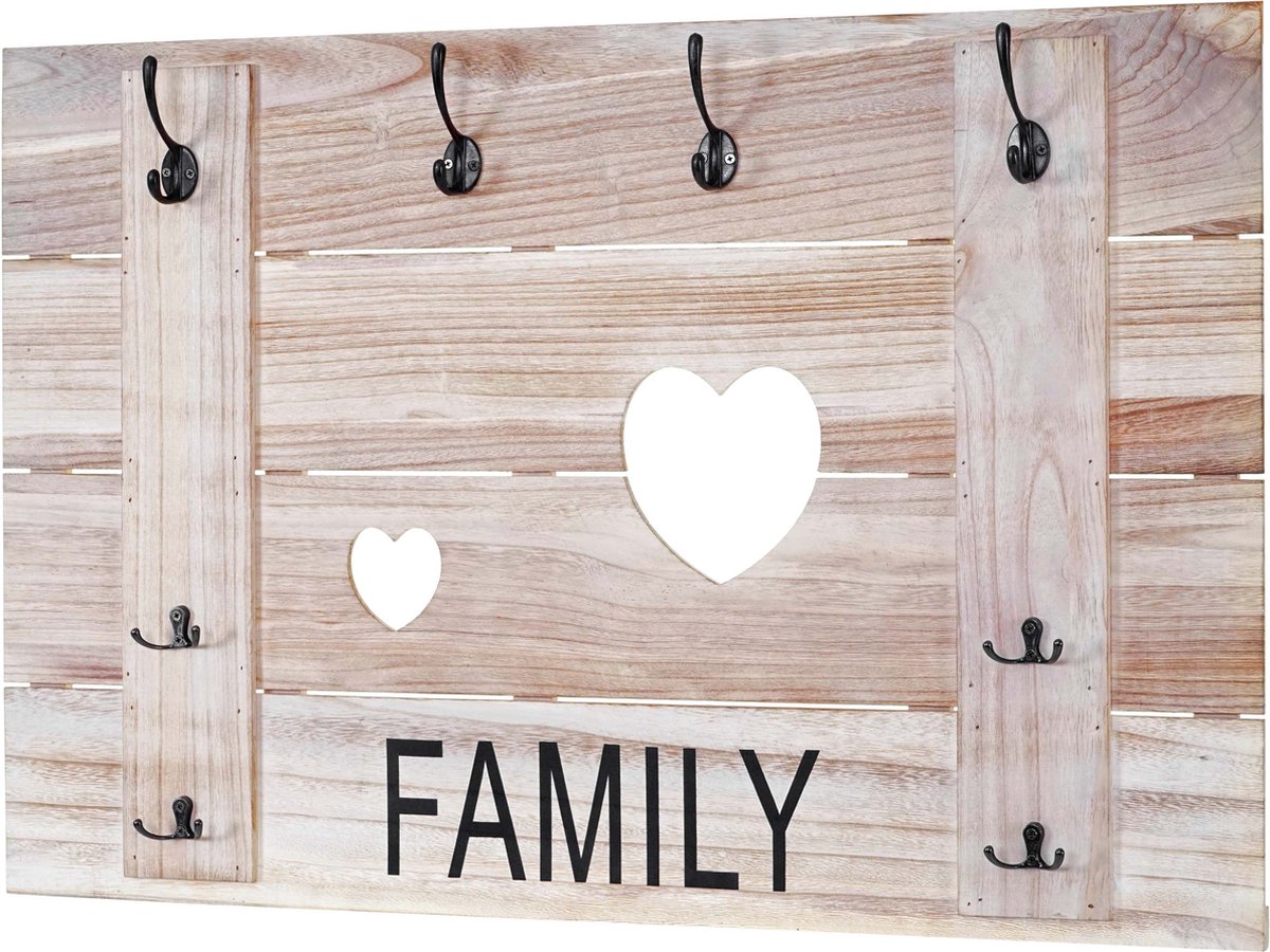 MCW Wandkapstok MCW-C89 Family, kapstok paneel kapstok, shabby look vintage, 8 haken 60x90cm ~ natuurlijk bruin