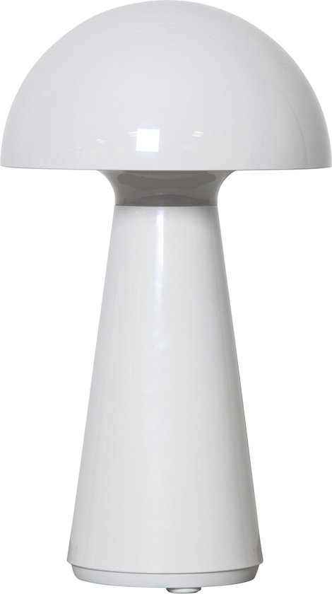 Une lampe de table LED 'Mushroom' blanche, sans fil, avec un abat-jour rond et une base conique.