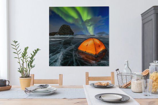 Tableau sur toile Aurores Boréales - Tente - Glace - Scandinavie - 90x90 cm - Décoration murale