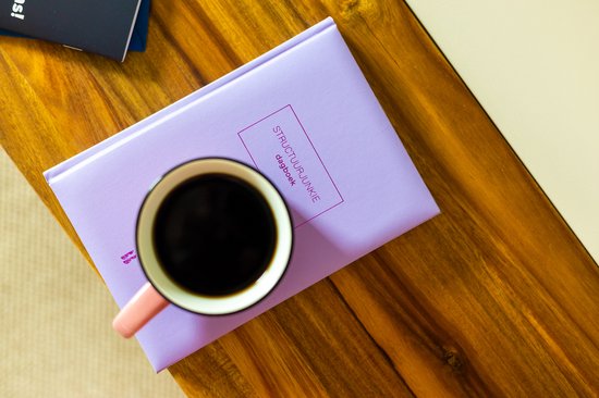 Lila dagboek met roze tekst "structuurjunkie dagboek", met een kop koffie erop.