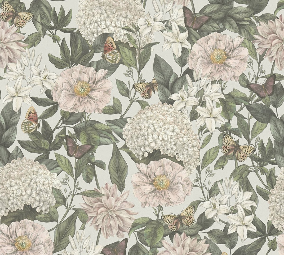 VLINDERS EN BLOEMEN BEHANG | Botanisch & Dieren - Grijs Wit Groen Bordeaux - Living Walls Drawn Into Nature