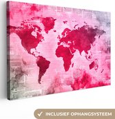Canvas Wereldkaart - 90x60 - Wanddecoratie Wereldkaart - Rood - Krant