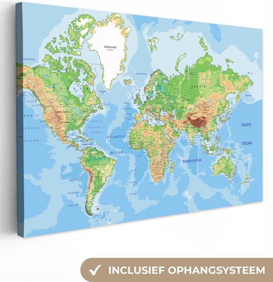 Canvas Schilderij Wereldkaart - Kleuren - Atlas - Aarde - Canvasdoek - 90x60 - Muurdecoratie