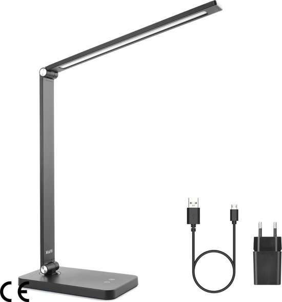 Dimbare LED Bureaulamp met 5 Kleuren en 3 Helderheidsniveaus - Oogvriendelijke Tafellamp met USB-Aansluiting voor Lezers, Kinderen en Kantoor - Stijlvol Zwart Design