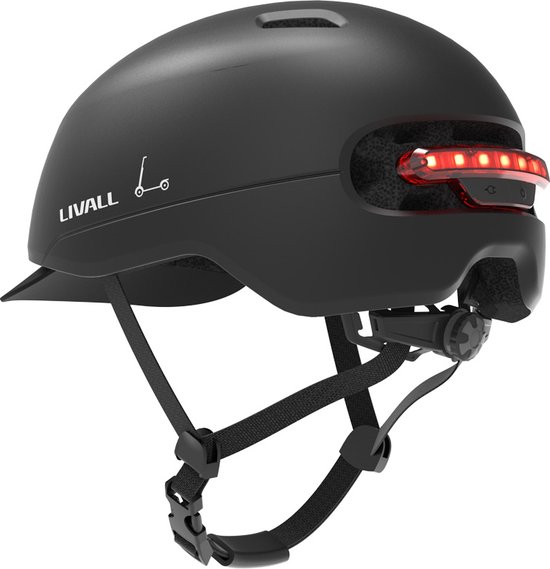 Zwarte fietshelm met Livall logo en een rij rode LED-lampjes achter.
