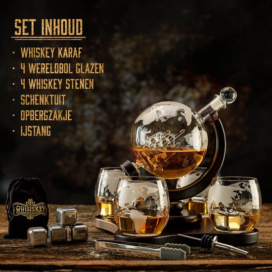 Whisiskey - Whisky karaf – 1000 ml – Geschenkdoos voor heren - Luxe whiskey set - Cadeau voor Vaderdag - Met 4 whiskystenen, schenktuit, kraan en 2 whiskyglazen -1L