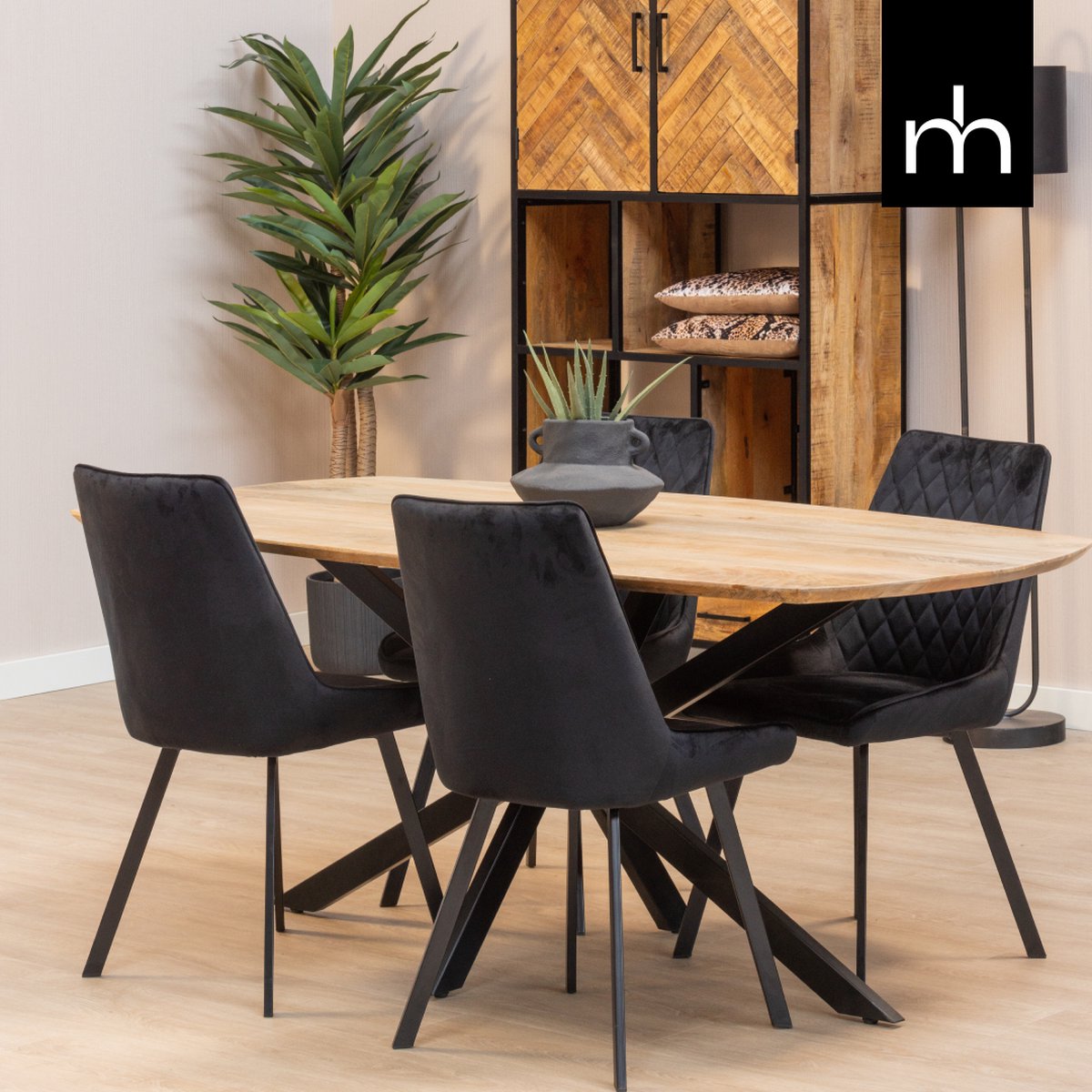 Mangohouten Eettafel Vicenza Deens Ovaal 160x90 cm Mahom Industrieel - Dinertafel van Mangohout & Metaal - Industriële Eettafel