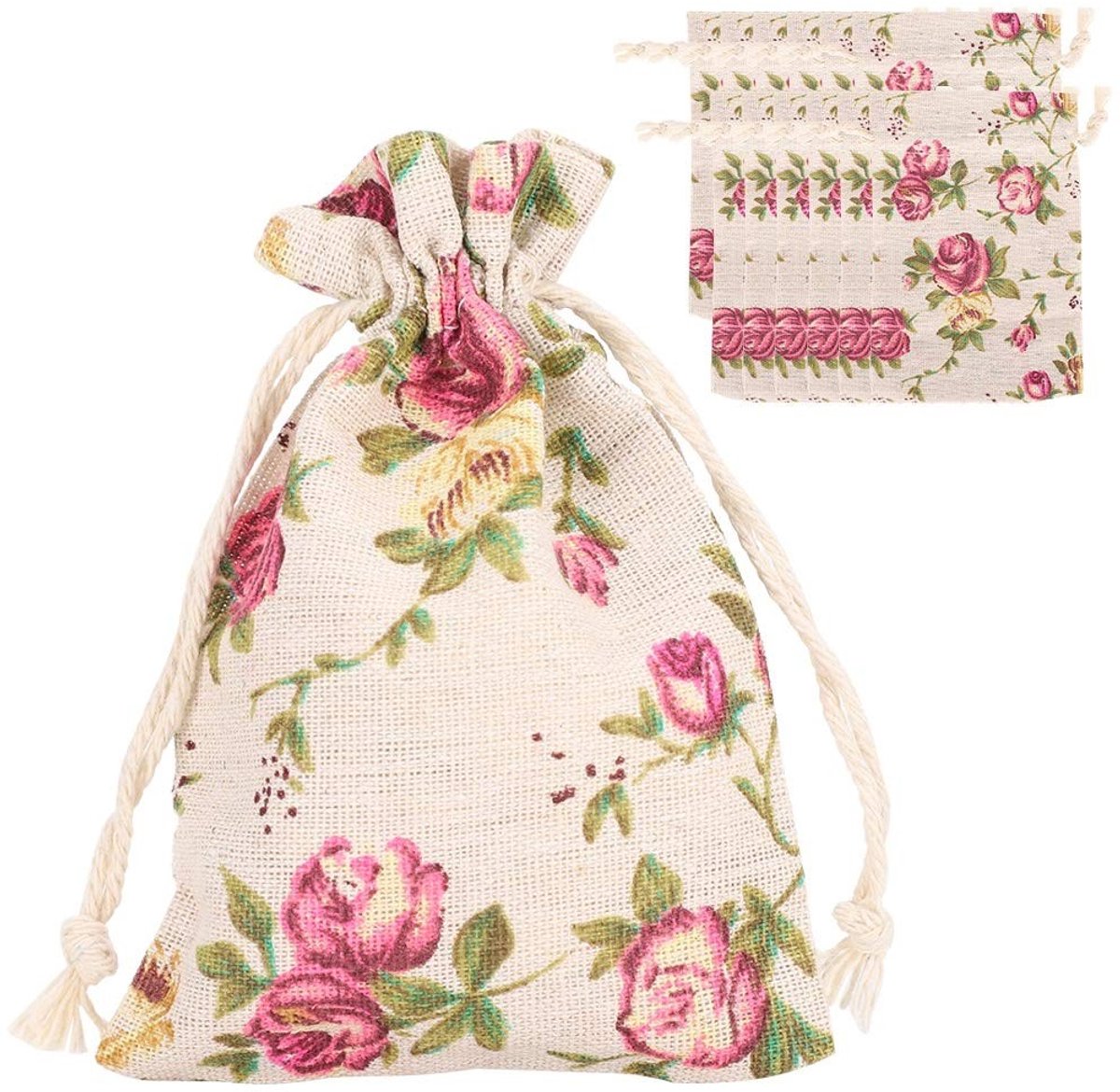 Dailygoods- Jutezakken 50 stuks - Opbergtas met trekkoord - Sieradenzakken - Geschenkzakken - Bloemmotief - Afmeting 14x9,5 cm - Opbergtassen