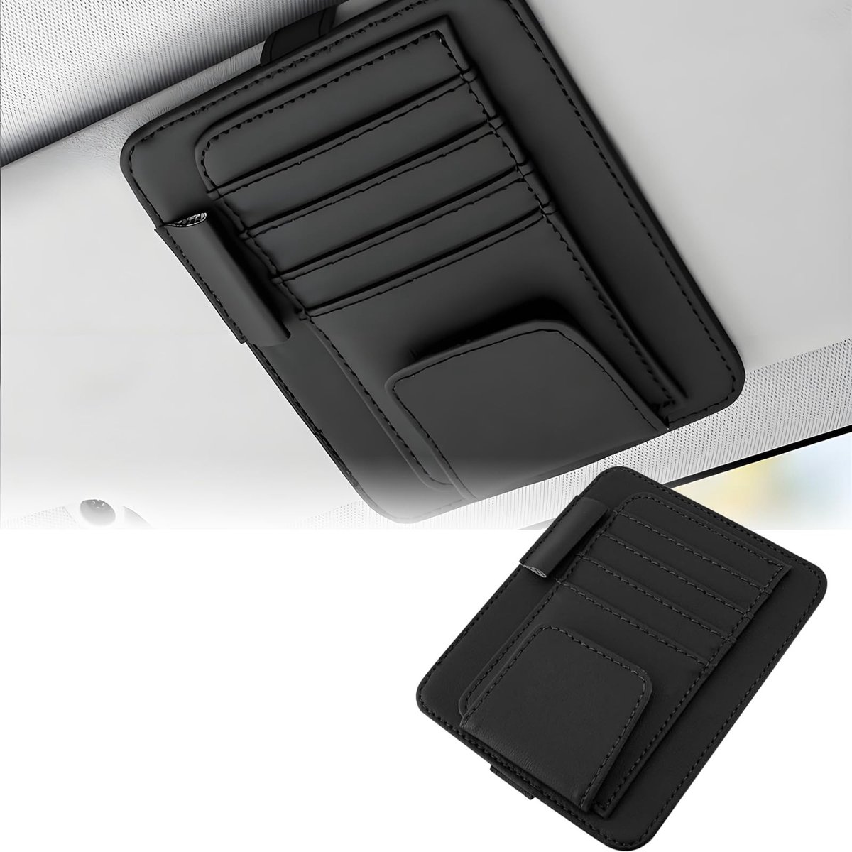 Dailygoods- Zonneklep Hoogwaardig PU-leer - Organizer - Zwart - Meerdere Vakken - 12,5 x 15,5 cm - Stevig Bandontwerp - Auto Organizer
