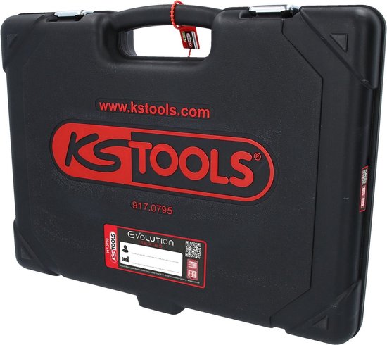 Zwarte gereedschapskoffer met rode "KS TOOLS" logo en "Evolution Series" sticker.
