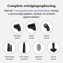 Overzicht van de 7 opzetstukken van de tapijtreiniger: standaard, breed, metaal, zelfreinigend, turbostoom, magisch en stoomborstel.