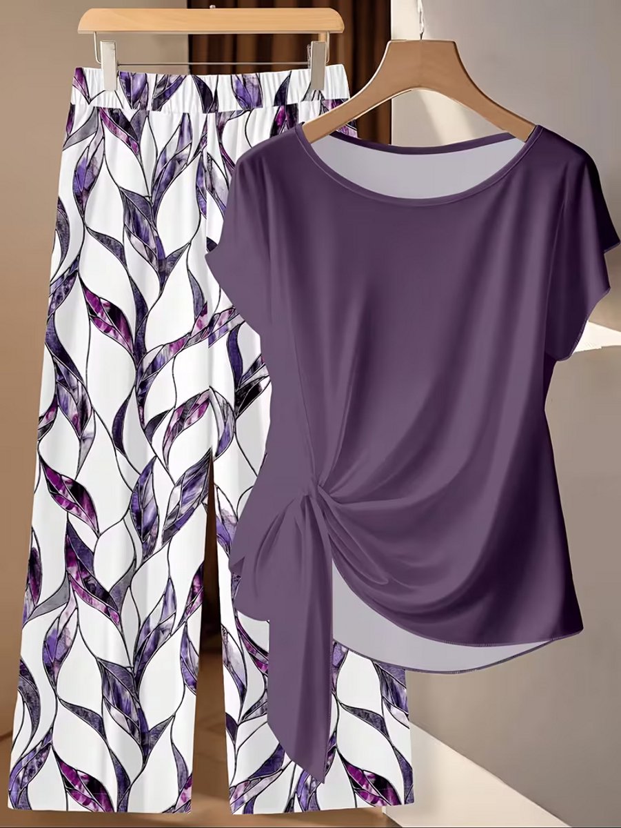 Paarse 2 Delige Dames Set - Strikblouse met Wijde Broek - L