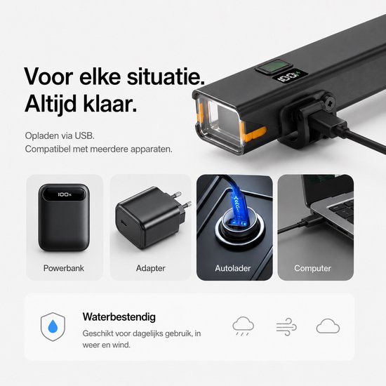 Sounix Fietsverlichting Set LED - Voorlicht en Achterlicht - 1200 Lumen Led Fietslamp - batterij LED-display - Valbestendig - Koplamp fiets - Fietslampjes - Zwart van Sounix — afbeelding 3