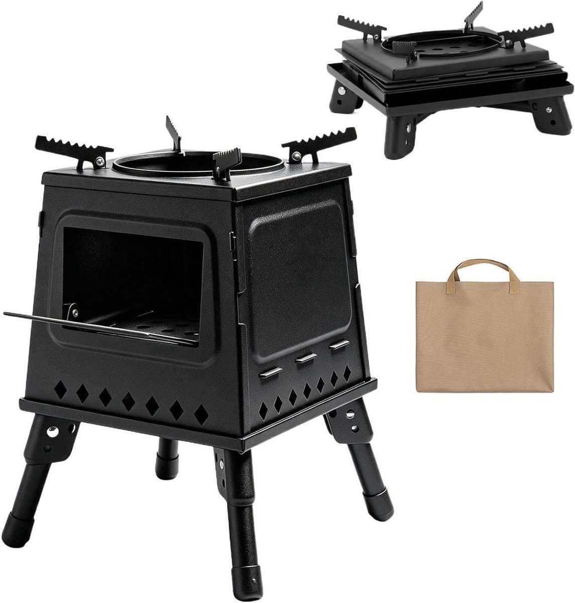 Draagbare Houtkachel - Buiten Kookbrander - Outdoor Koken - Geoptimaliseerd Verbrandingssysteem - 22x22x14 cm - Zwart