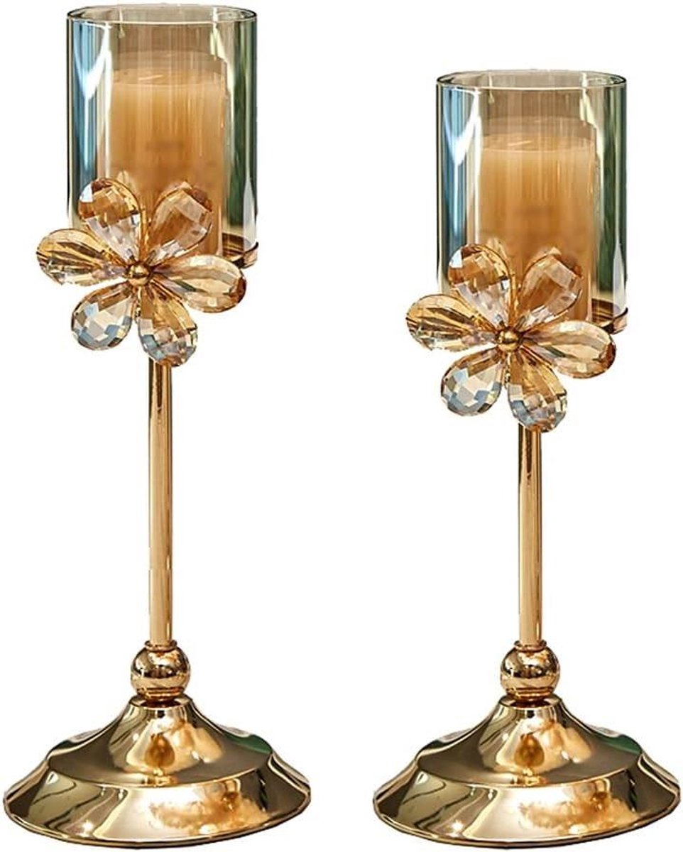Kandelaars Set - Kaarshouders Kristal - Feestelijke Decoratie - Afneembare Glas - 2 Stuks 30/36cm - Goud
