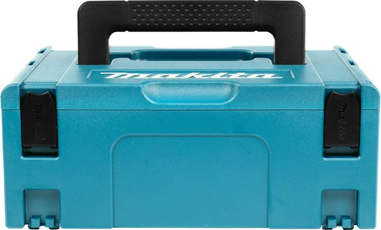 Turquoise Makita opbergkoffer met wit logo en zwart handvat.