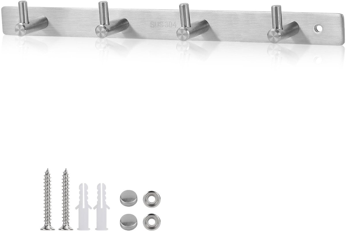 SOUQONE- Kledinghaken - Wandgarderobehaken met 4 haken - Roestvrij Staal - Afmetingen 31 cm - Super Draagvermogen - Voor Badhanddoeken/Sleutels - Kapstok