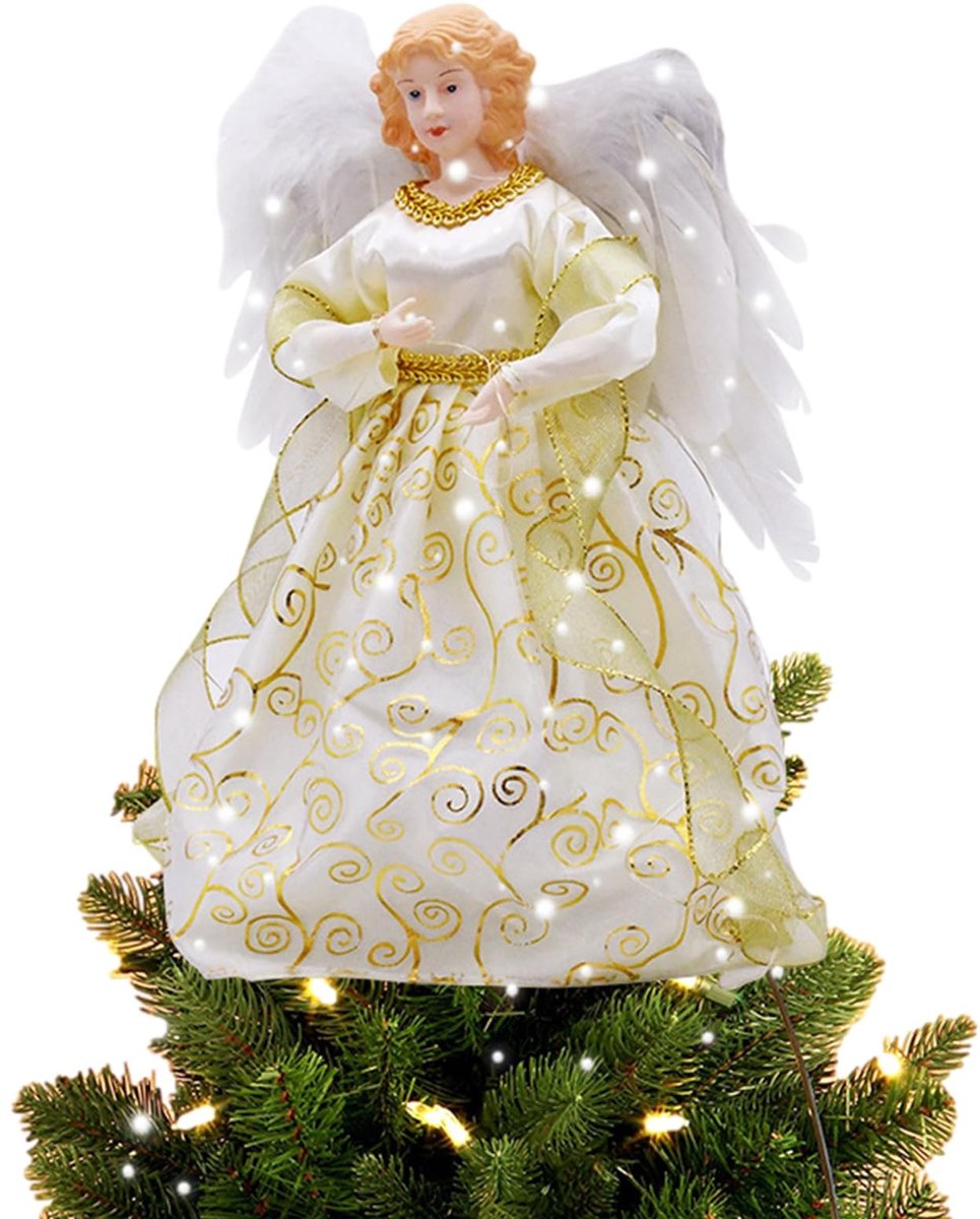 SMOAKEZ- Kerstboom Topper Engel - 32 cm - Warmgele LED-verlichting - Indoor Kerstdecoratie - Elegante Afwerking - Nobele uitstraling - Kerstversiering