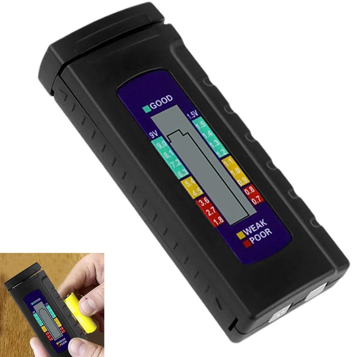 Deze digitale batterijtester heeft een lcd-scherm en is zowel een algemene batterijtester als een precisie-apparaat Geschikt voor thuisgebruik. Hij is Geschikt voor AAA-, AA-, C-, D-, 9V- en 1,5V-knoopcelbatterijen.