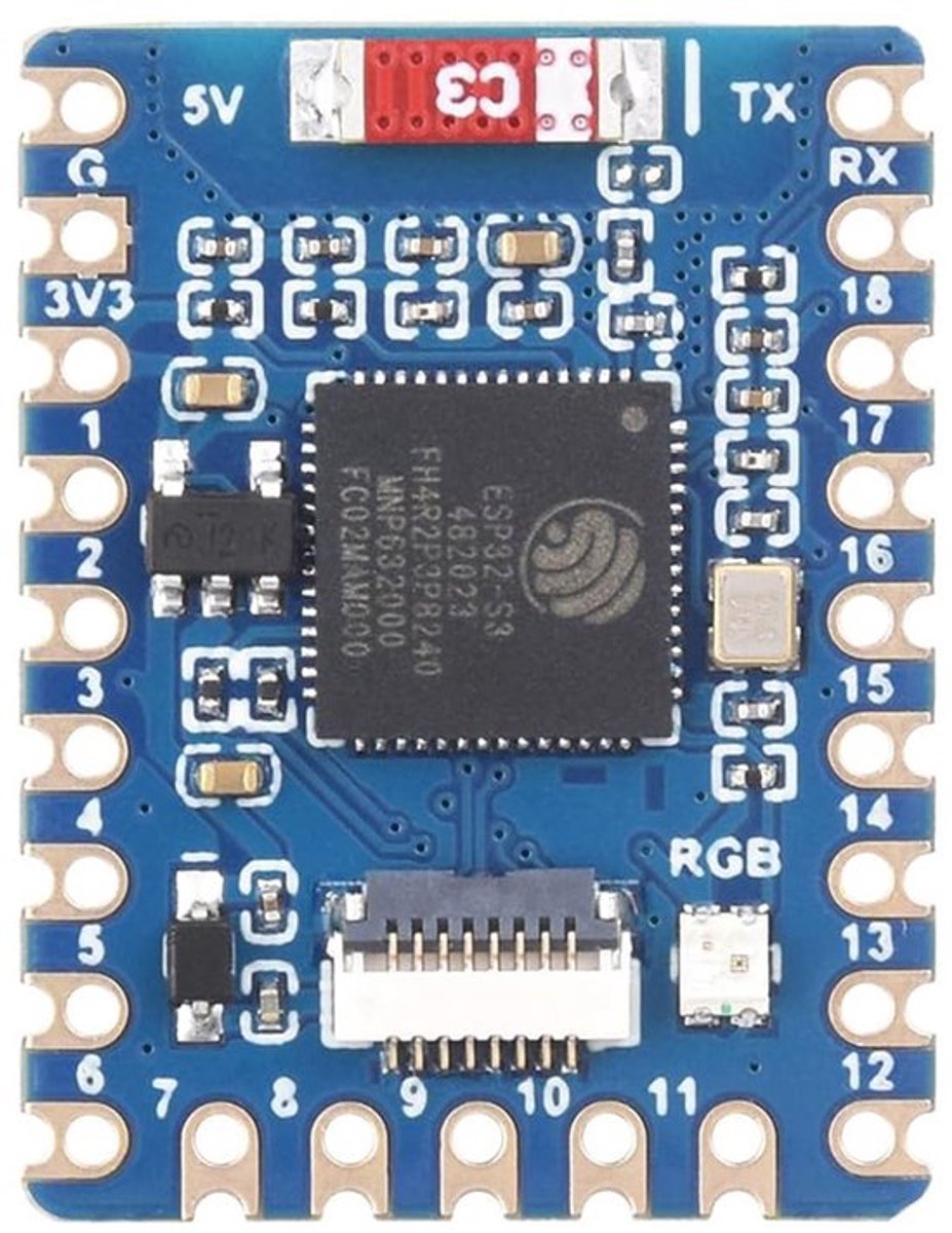 - Mini-ontwikkelbord - ESP32-S3 - Dual-Core - WiFi en BLE 5 - 4 MB geheugen - Ideaal voor IoT-projecten - Compact - Geschikt voor programmeren