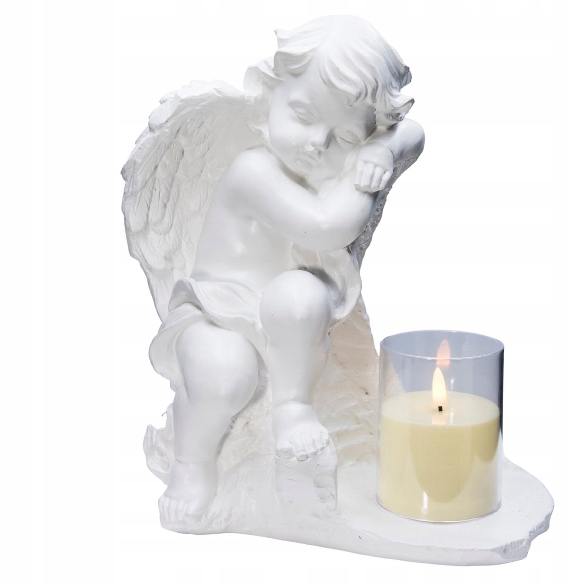 Gipsen Engel Grafdecoratie met LED Kaars, 32cm