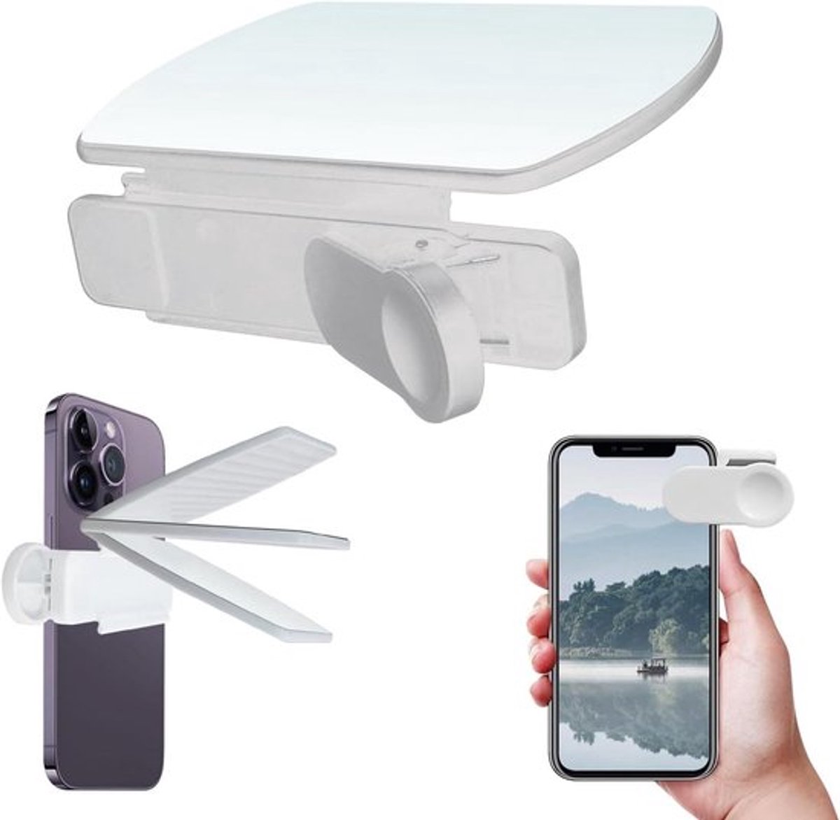 Reflectiecamera voor mobiele telefoon spiegel spiegelreflectieclip - verstelbare clip - smartphone-spiegelreflecties - wit