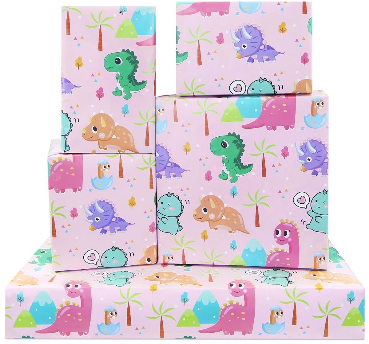 ZEYNOMAX- Inpakpapier Roze Dinosaurus - Cadeaupapier Verjaardag - Inpakpapier Kinderen - Inpakpapier Baby - Inpakpapier Rollen - Plat Gevouwen 50x70cm