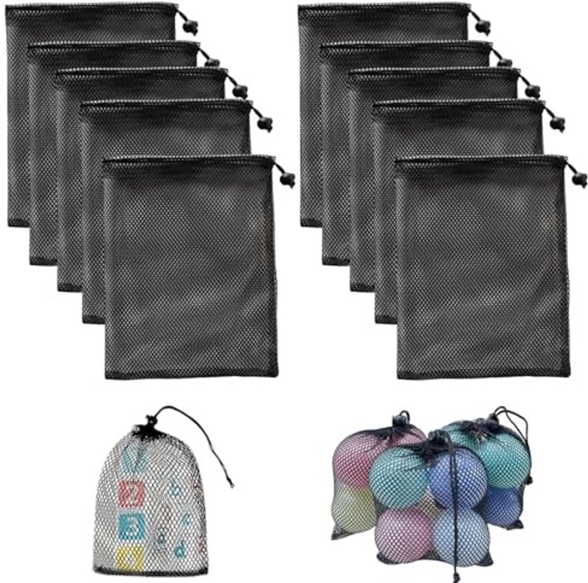 JHUBERS- Opbergzak Set van 10 - Waterdicht - Duurzaam - 15x20cm - Polyester Mesh - Verstelbare Koordsluiting - Opbergzakjes