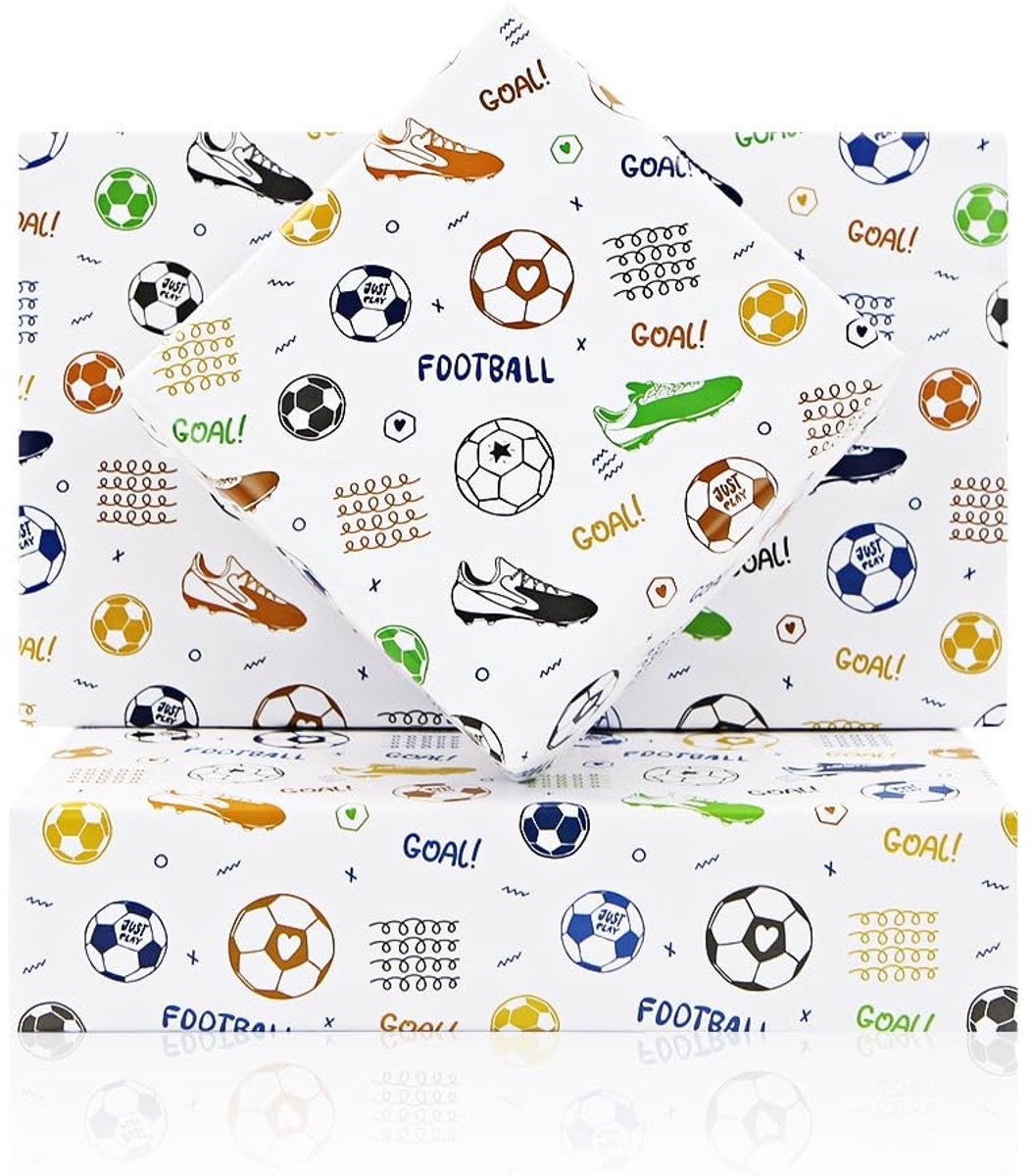 JHUBERS- Inpakpapier Voetbalontwerp - Cadeaupapier Verjaardag - Geschenkverpakking Sport - 4 Vellen 50 x 70 cm - Perfect voor Kinderen - Modern en Aantrekkelijk