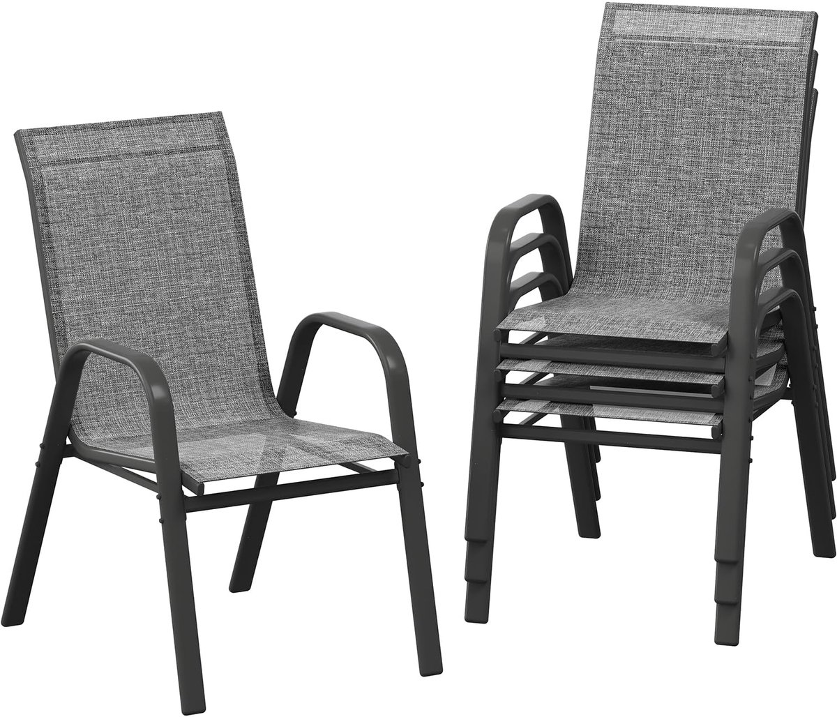 Tuinstoelen 4-delig Set, Stapelbaar, Textileen en Metaal, Weerbestendig & Roestbestendig, Buiten Stoelen voor Tuin, Balkon, Terras, Grijs