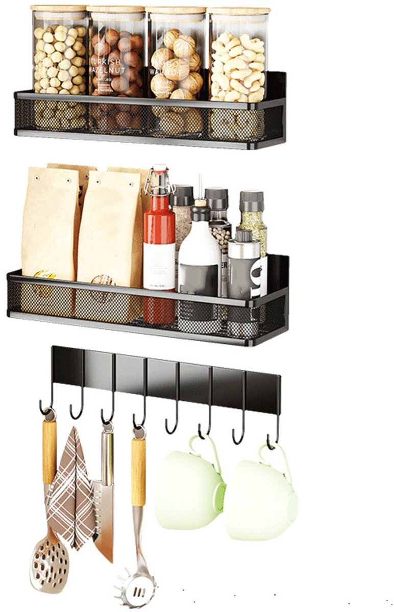 Magnetisch Kruidenrek voor Koelkast – 3-delige Set Zwart – Keuken Organizer met Groot Rek, Klein Rek en Ophangrek – Geen Boren Nodig