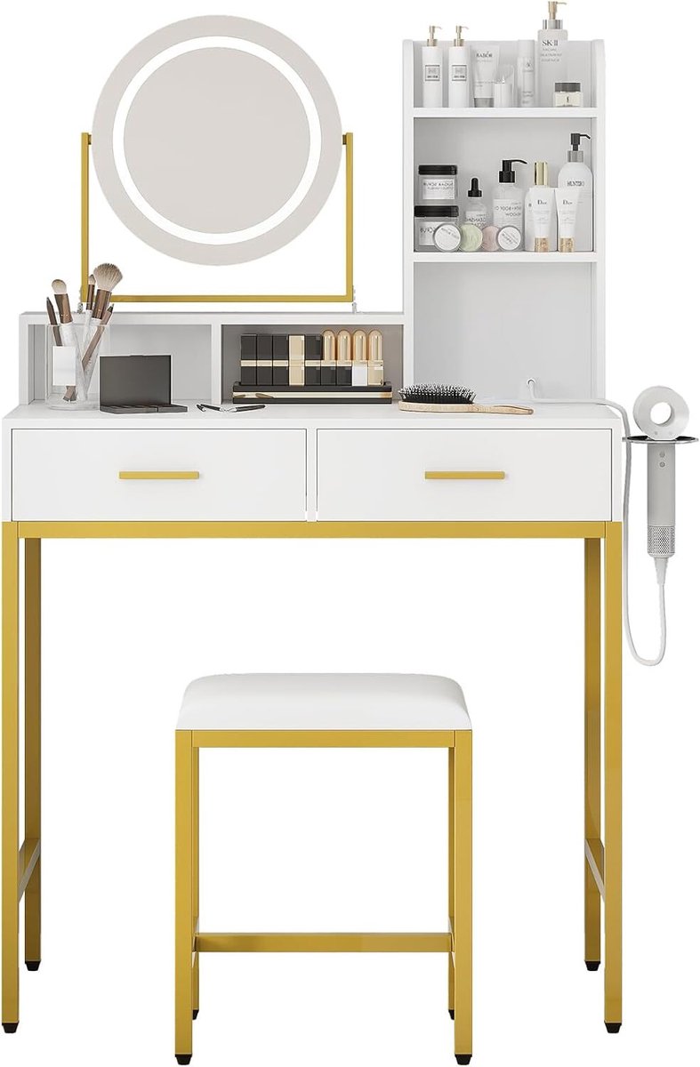 Moderne kaptafel met 360° draaibare spiegel, make-uptafel met stopcontacten en USB-poorten, 2 lades, planken en comfortabele kruk voor de slaapkamer