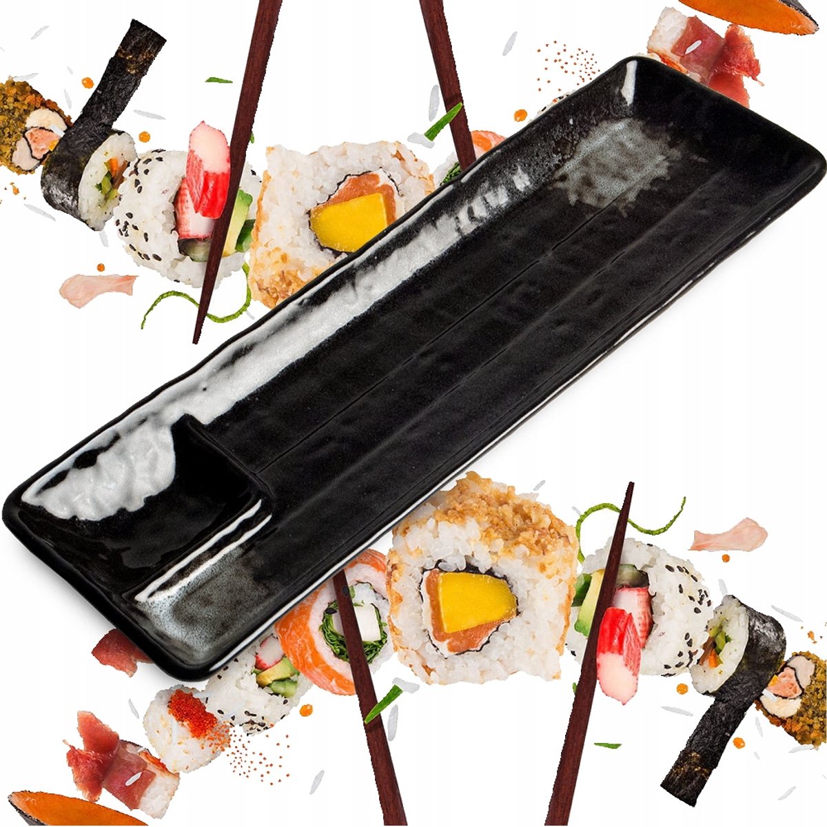 Keramische Sushi Tartaar met Sausbakje - Zwart/Grijs - 33.5cm