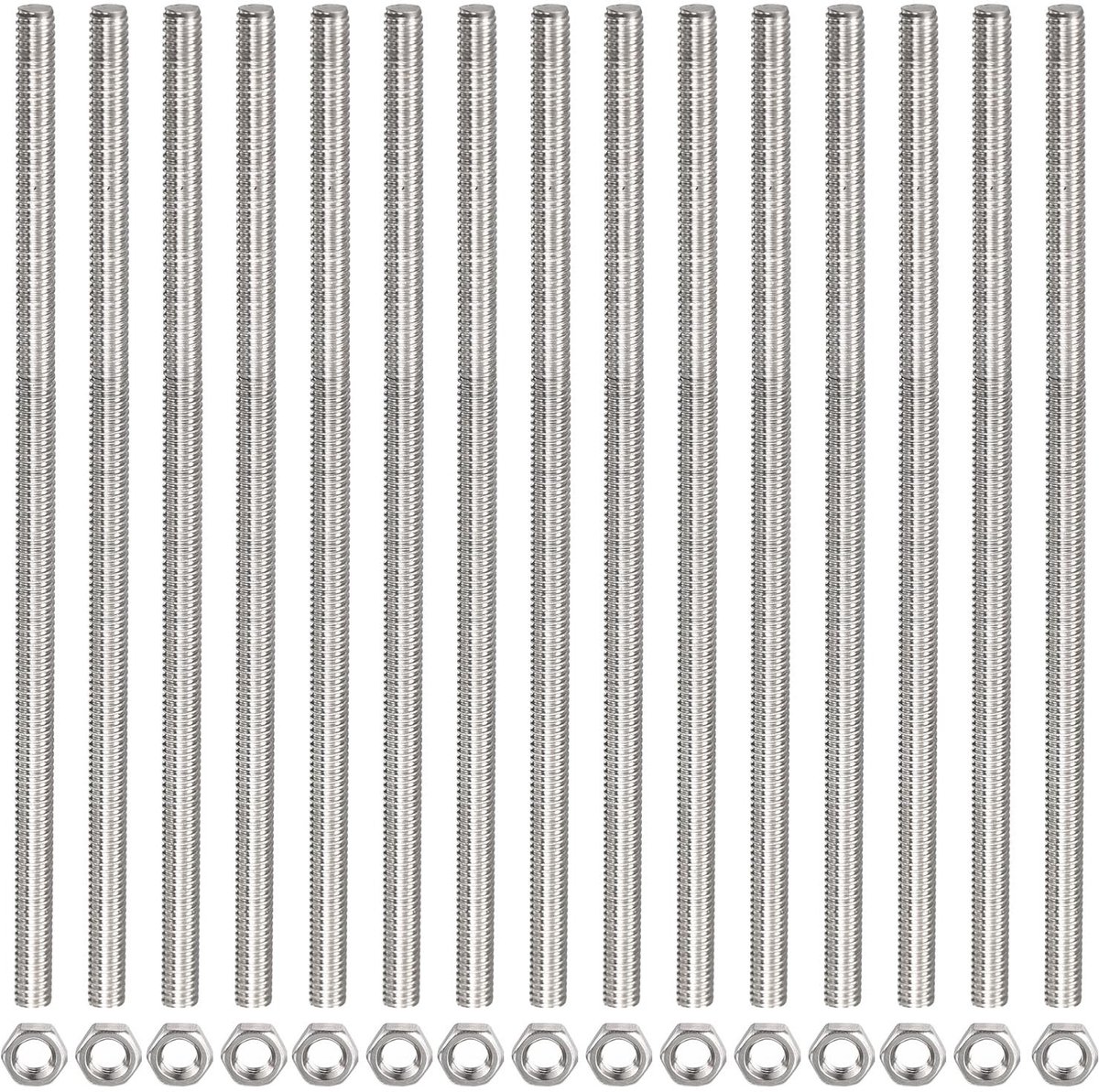 JHUBERS- Schroefdraadstang compleet - 15 Zeskantmoeren - Roestvrij Staal - M3 x 200 mm - Schroefdraadschroeven - Duurzaam en corrosiebestendig - Schroef