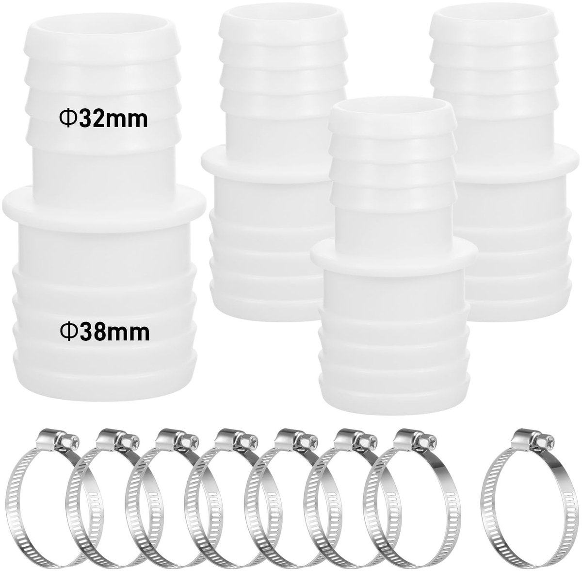 BRENZOOS- Poolslangfittingen Set van 4 - Diameter 32-38 mm - Roestvrij Staal - Metalen Klemmen - Universele Aansluiting - Geschikt voor Zwembaden - Slangconnector