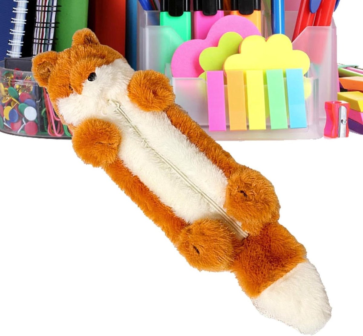Pluche Potloodorganizer - Etui Pennen - Bureau Organiseren - Grappig Sardine Design - 34 x 9 cm - Bruin