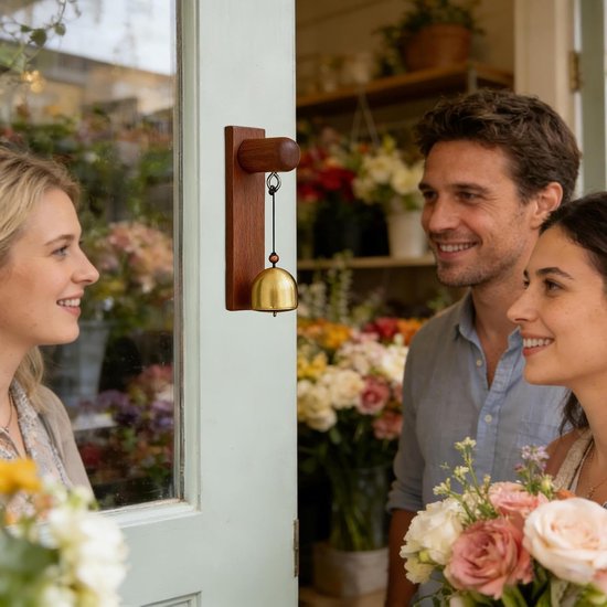Zelfklevende Deurbel - Houten Klok - Winkel Verwitten - Aangename Koperen Toon - 15 cm - Zwarte Walnoot — afbeelding 2